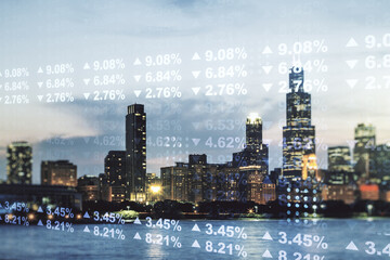 Multi exposure of stats data illustration on Chicago city skyline background, computing and analytics concept
