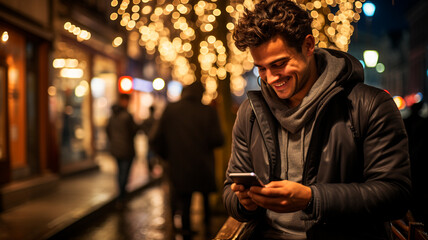 man using cellphone at night - obrazy, fototapety, plakaty