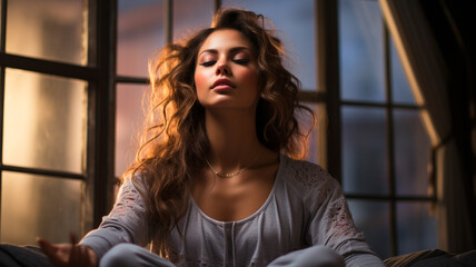 Fototapeta na wymiar young beautiful girl sitting on the windowsill in a dark room