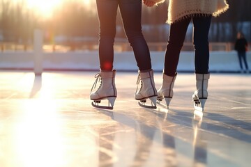 Girls on skates are standing on ice on a winter sunny day. Active recreation, healthy lifestyle,...