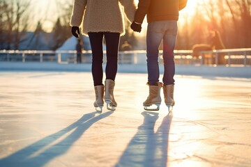 A young couple skating on ice in winter in the rays of the sun. Active recreation, healthy lifestyle, love, friendship. - obrazy, fototapety, plakaty