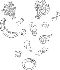Naklejka premium Food scraps set, vegetable scraps, illustration, line vector set 
