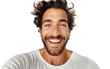 Man Closeup of Taking Tablet Selfie on a Clear Surface or PNG Transparent Background.