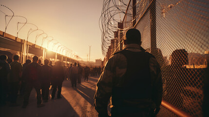 Illegal border crossing by migrant over fence between Mexico and United States. ai generative - obrazy, fototapety, plakaty