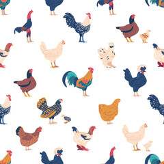 Charming Seamless Pattern Featuring Whimsical Chickens And Proud Roosters of Different Breeds, Tile Background