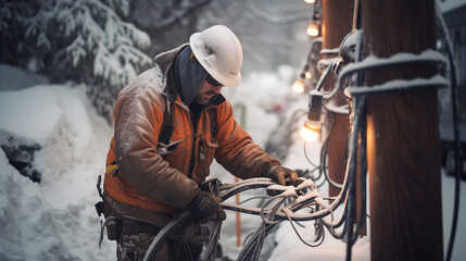 determination of a manual worker braving the elements to repair an electrical line after a winter snowstorm. ai generative - obrazy, fototapety, plakaty