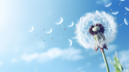 Dandelion with seeds blowing away in the wind across a clear blue sky. ai generative