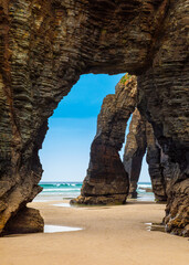 Natural rock arches Cathedrals beach, Playa de las Catedrales at Ribadeo, Galicia, Spain. Famous...
