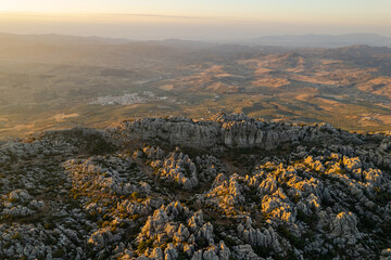 Unreal rock formation and landscape of Torcal de Antequera in Malaga, Andalusia, Spain. Aerial...