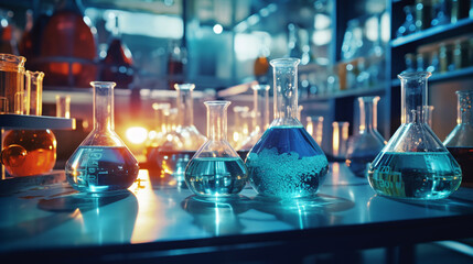 Chemistry science theme enhanced by a captivating laboratory glassware setting. ai generative. - obrazy, fototapety, plakaty
