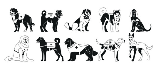 Black And White Avalanche Rescue Dogs Isolated Set. Trained Canines Deployed To Locate And Rescue Avalanche Victims