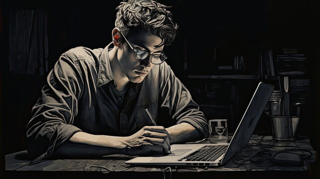 pensive man next to laptop