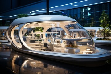 futuristic office with curved, white furniture, LED lighting, and a high - tech, space - age aesthetic