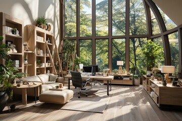 Scandinavian office with light wood furniture, pastel colors, and plenty of green plants