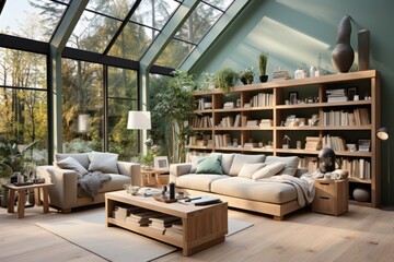 Scandinavian home office with light wood furniture, pastel colors, and plenty of green plants