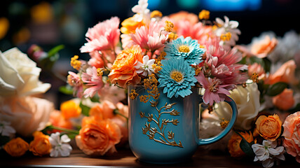 pink and orange tulips in a pot with the background of the old wooden table. the concept of spring flowers