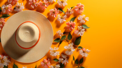 summer hat with sunglasses, flower bouquet and orange on a wooden background. summer vacation