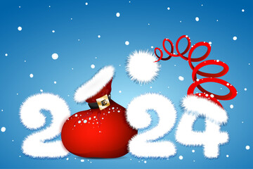 Cute fluffy white cartoon 2024 new year number with Santa bag and Santa Claus hat. Christmas, new year concept