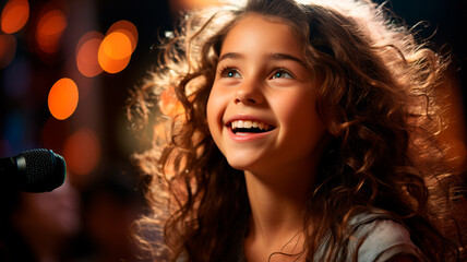 Fototapeta premium little girl singing in microphone