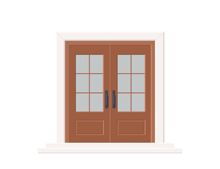 Cute realistic brown double doors with glass windows. Isolated on white background. Cartoon flat style. Vector illustration