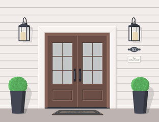 Elegant double front door with glass. Entrance to house with lanterns, plants and signs. Exterior concept for house entrances. Cartoon flat style. Vector illustration