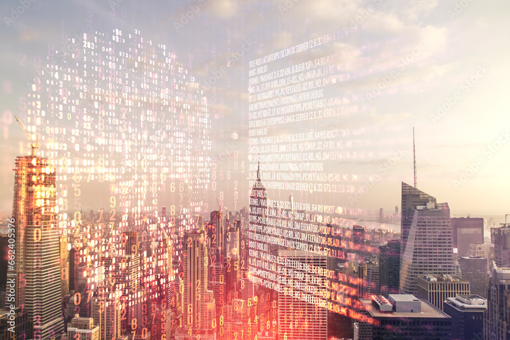 Poster abstract virtual code skull hologram on new york cityscape background, cybercrime and hacking concep