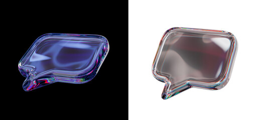 Speech bubble made of dispersion chromatic glass isolated over black white background.