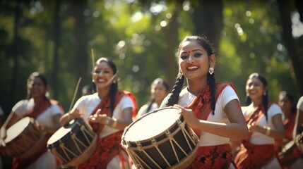 Energetic Bihu dancers in Assam, performing lively steps to the beat of traditional drums.