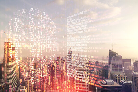 Abstract virtual code skull hologram on New York cityscape background, cybercrime and hacking concept. Multiexposure