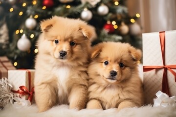 Fototapeta na wymiar Beautiful puppies are sitting under the Christmas tree among the gifts
