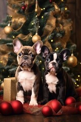 Beautiful French bulldog puppies under the Christmas tree among the gifts