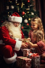 Fototapeta na wymiar Kind Santa Claus with beard and hat gives gifts to children