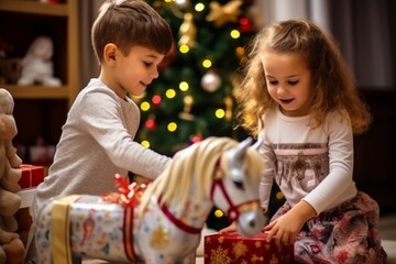 Fototapeta na wymiar Children unpack New Year's gifts under the Christmas tree. New Year's mood