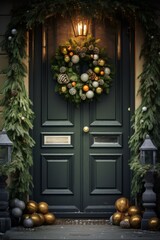 Fototapeta na wymiar Christmas decorated wreaths of fir branches on beautiful doors, decorated entrance to the house
