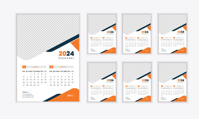 Corporate Orange wall calendar design template for 2024 year. Editable 12 months pages set.6 pages variation office & wall calendar design template.