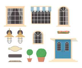 Create your own home. Constructor of house elements from blue doors, windows, lanterns, plants, signs. On white background. Exterior concept for house. Vector illustration. Cartoon flat style