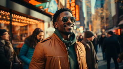 Obraz premium young african man with stylish hairstyle in black coat with stylish sunglasses and hat walks around city street at night.