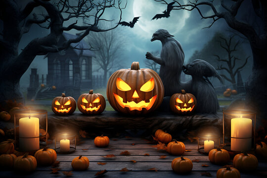 Halloween pumpkin head jack lantern with burning candles, Spooky Forest with a full moon and wooden table, Pumpkins In Graveyard In The Spooky Night - Halloween Backdrop - AI GENERATED