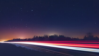 Long exposure of night city. Car motion trails on road. Speed light streaks background with blurred