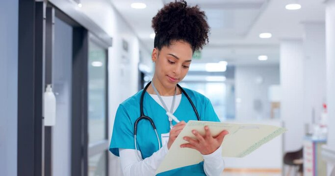 Woman, documents and doctor writing of healthcare report, medical charts or hospital admin, services and patient progress. Health care woman, surgeon or doctor with paperwork, admin or clinic folder