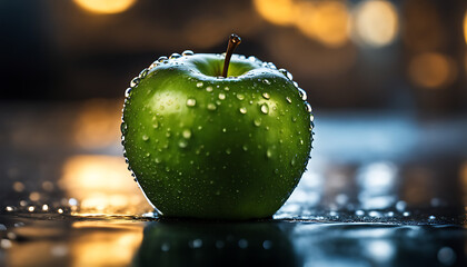 close-up of a crisp, juicy apple with water droplets on its surface, ready to be enjoyed - obrazy, fototapety, plakaty
