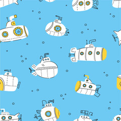 Fototapeta na wymiar Vector children's pattern of various submarines, hand-drawn in the style of doodles