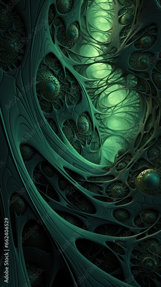 Wall mural dark green abstract background organic fractal structures hole round macro geometry illustration, or