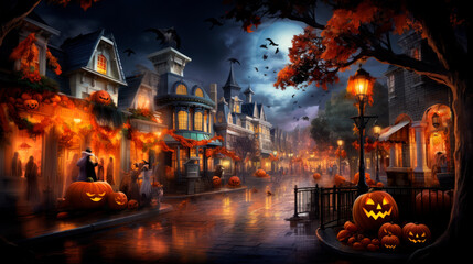 Medieval Halloween street with people lit by lanterns, pumpkins hanging from trees, decorations on houses, lots of lights and flying bats