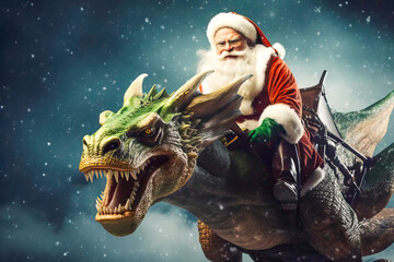 Santa Claus and a dragon go on a gift-giving in New Year. New Year celebration concept.