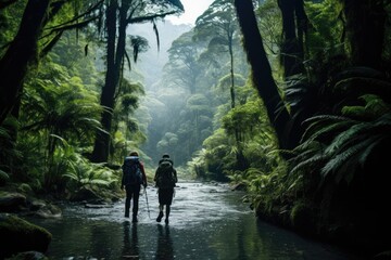 A couple enjoys a walk through the lush rainforest as they walk along a river trail amidst the beauty of nature.