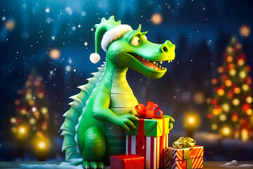 Green Dragon with gift boxes on New Year. New Year celebration concept.