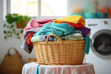 A stack of freshly washed clothes of different soft and fluffy colors in a basket with a washing machine in the background. - obrazy, fototapety, plakaty