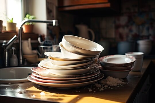 Messy pile of dirty plates, dishes and cutlery after eating at home.