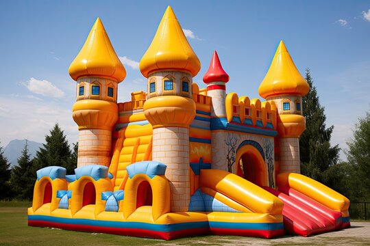 A colorful and cheerful bouncy castle in the playground will be a fun and playful playground for children in the summer.